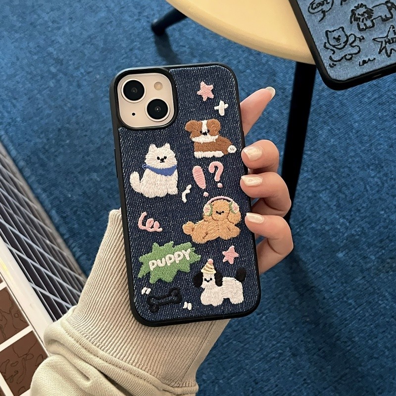 เคสโทรศัพท์มือถือ ผ้ายีน ปักลายการ์ตูนสุนัขน่ารัก สําหรับ iPhone 15 14 13 12 11 12Pro 13Pro 14Pro 15Pro 15Promax 14Promax 13Promax 12Promax 14Promax
