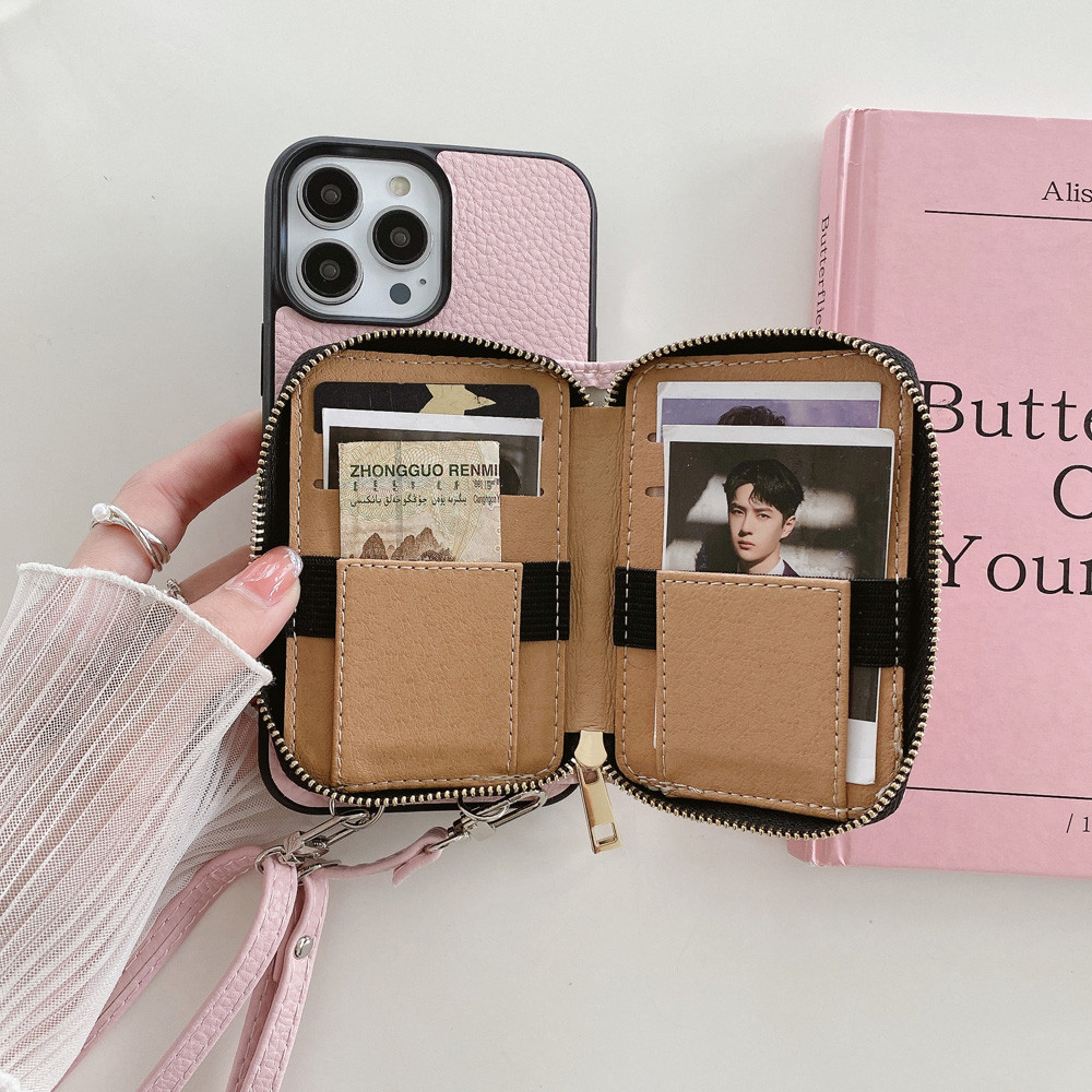 เคสโทรศัพท์สําหรับ IP 13 14 PRO MAX แฟชั่นสีทึบลิ้นจี่แบบหนังซิปออกแบบ Muti-function การ์ดแพ็คสําหรั