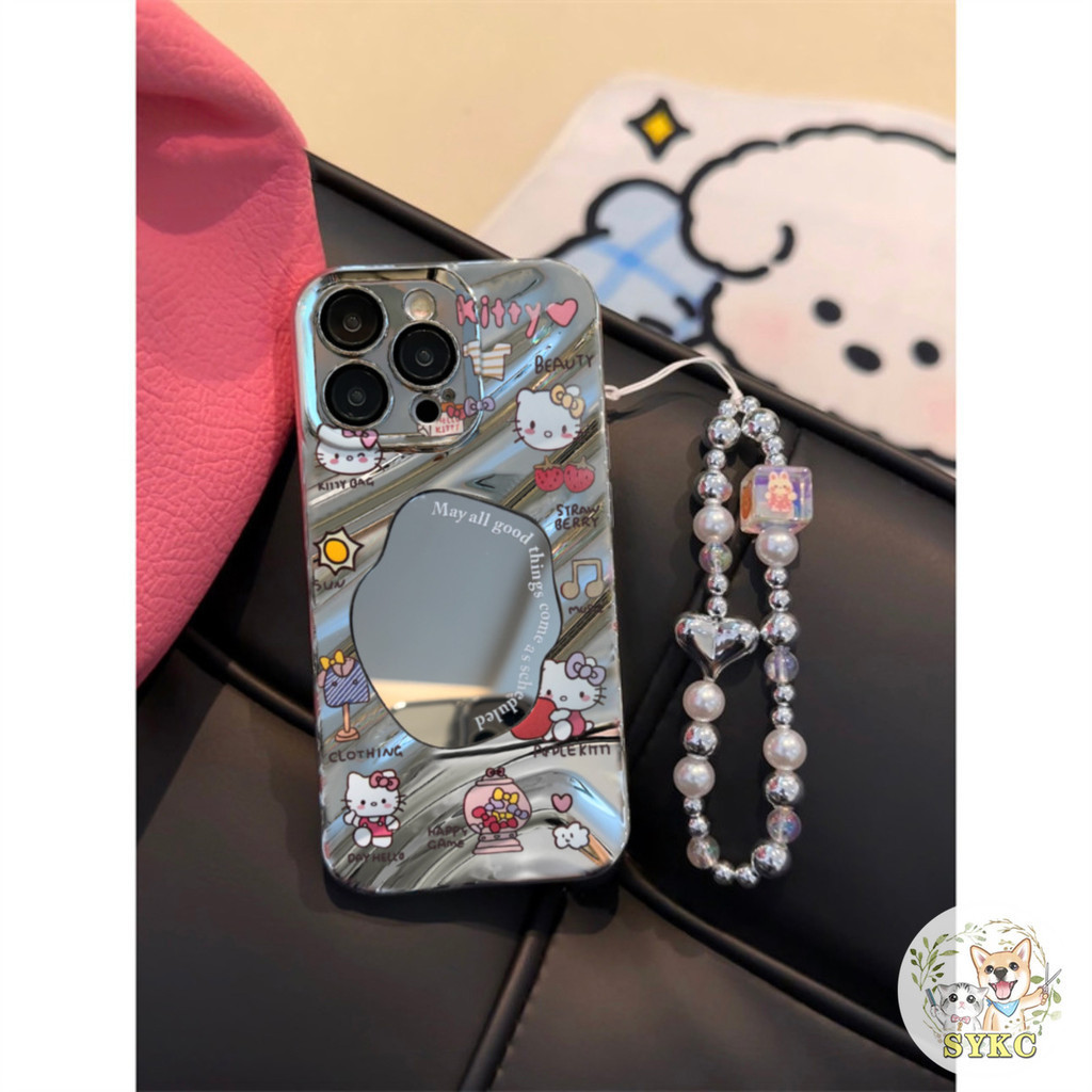 ใหม่ เคสป้องกันโทรศัพท์มือถือ แบบนิ่ม ลายคิตตี้ ชุบไฟฟ้า กันกระแทก มีกระจกแต่งหน้า สําหรับ Apple Iphone 13promax 14 11 12