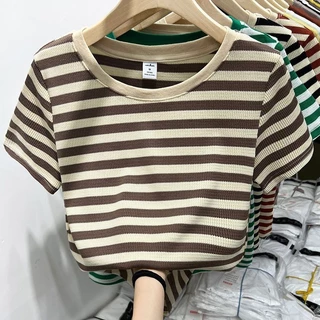 เสื้อยืดแขนสั้นลําลอง ทรงหลวม ลายทางวาฟเฟิล สีตัดกัน แฟชั่นฤดูร้อน สําหรับผู้หญิง