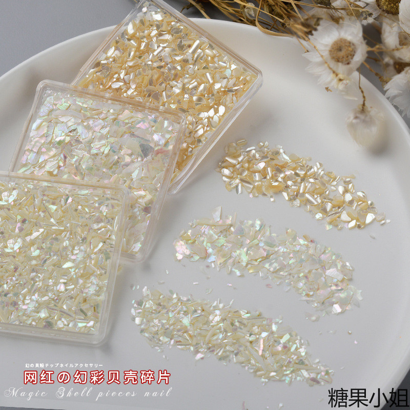 ทําเล็บมือขนาดเล็ก Symphony Shell หินบด Ultra-Thin ธรรมชาติ Bohai Bay Abalone Fragments เล็บชุดเครื่องประดับกล่อง