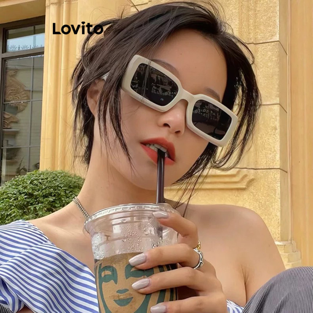 Lovito แว่นกันแดดผู้หญิง กรอบเหลี่ยม สีเรียบ แนวเรโทร สไตล์ลำลอง LFA19333