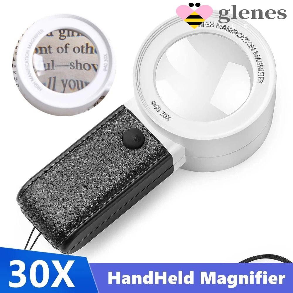 Glenes แว่นขยาย 30X เลนส์ HD Loupe มือถือ พร้อมไฟ LED 4 ดวง สําหรับอ่านหนังสือและเครื่องประดับ