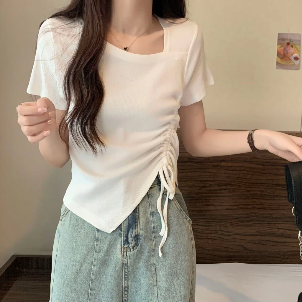เสื้อสีขาว แฟชั่น เกาหลี ออกงาน รัดรูป ทํางาน สาวอวบ ไปทะเล เสื้อ oversize ผู้หญิง เสื้อสีดํา