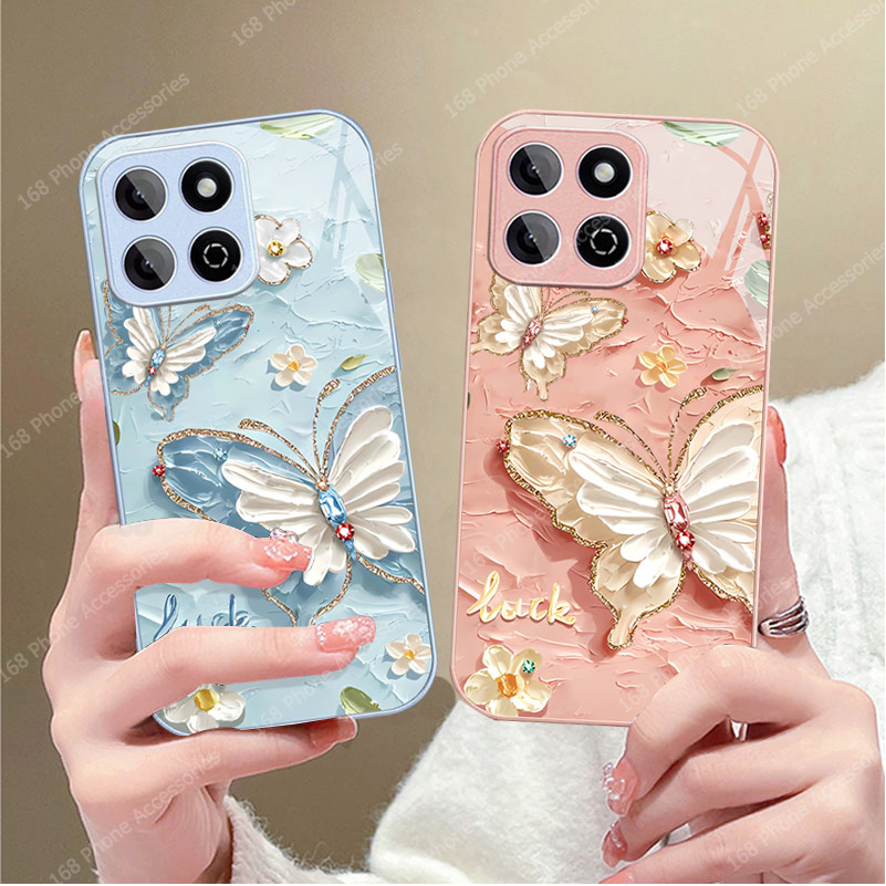 เคส Honor 200 Smart เคส Honor X7C เคสกันกระแทกน่ารักผีเสื้อภาพวาดสีน้ํามันสไตล์ซิลิโคนนุ่มขอบหรูหราของเหลวแก้วเคสโทรศัพท์สําหรับเด็กผู้หญิงผู้หญิง