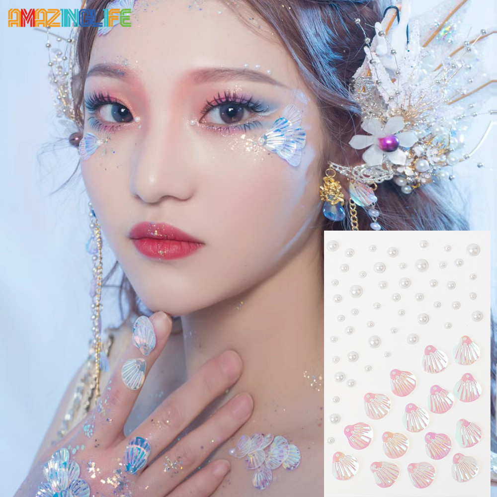 สติกเกอร์รอยสัก รูปนางเงือก ประดับมุก 3D แบบใช้แล้วทิ้ง สําหรับตกแต่งใบหน้า