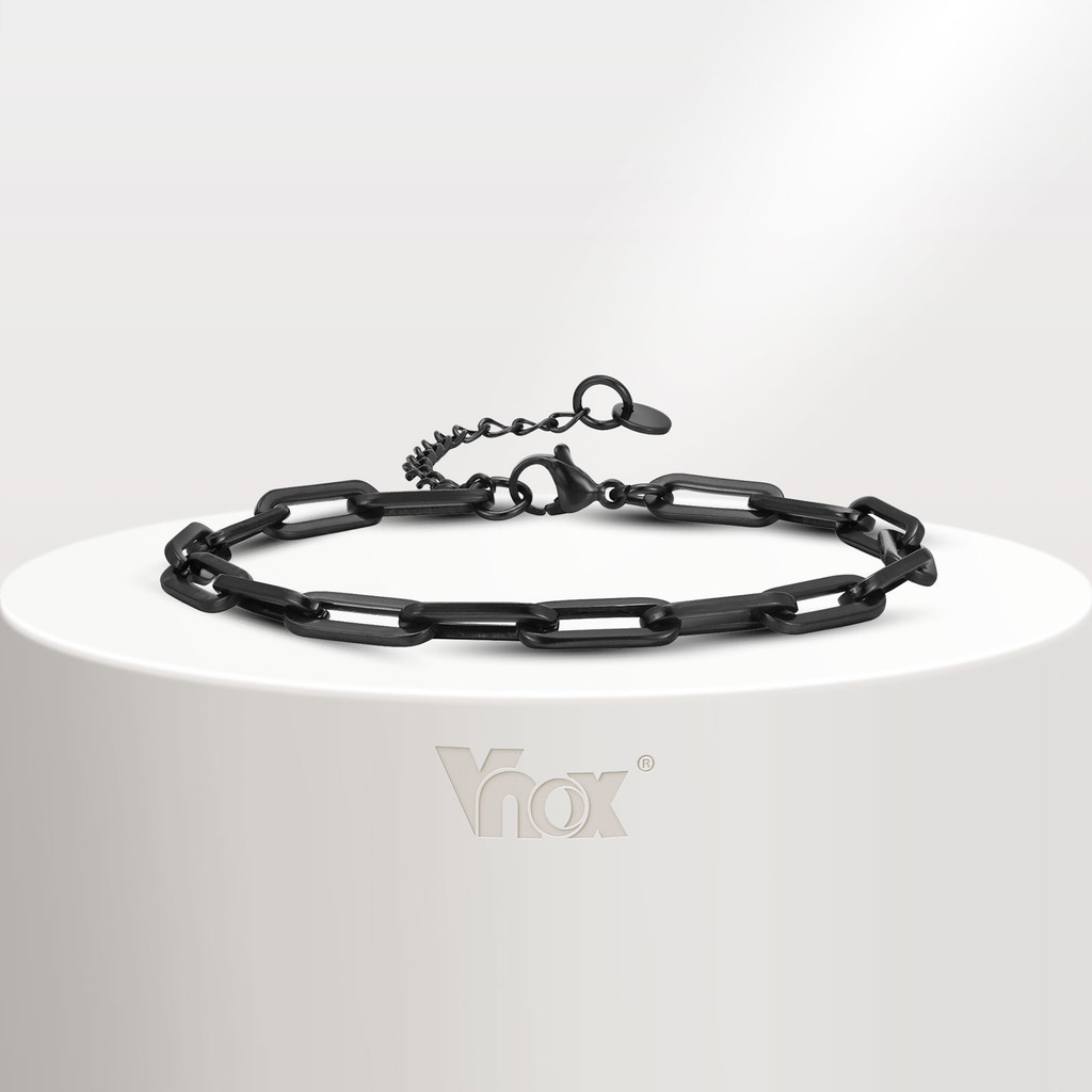 Vnox สร้อยข้อมือโซ่ สเตนเลส แบบคลิปหนีบกระดาษ ปรับได้ สีดํา เครื่องประดับ ของขวัญ แฟชั่นเรียบง่าย สําหรับผู้ชาย
