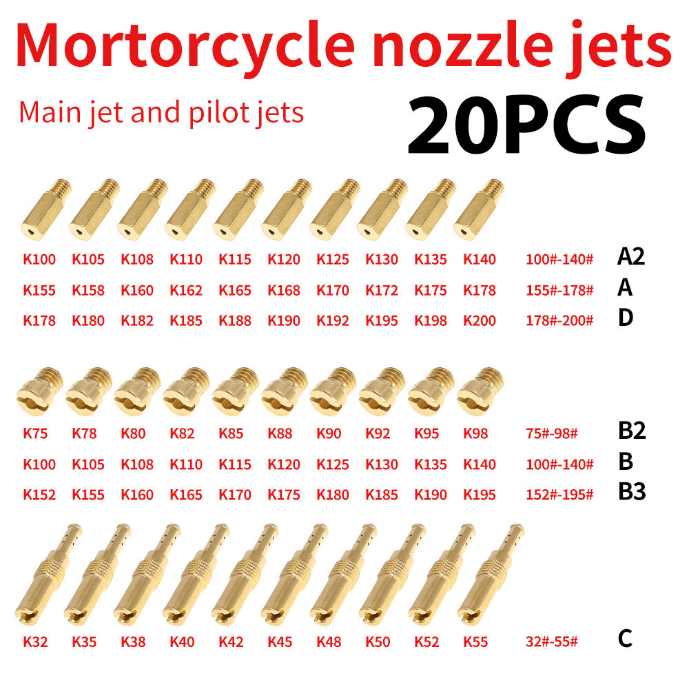 รถจักรยานยนต์หัวฉีด jets 20 pcs series lot คาร์บูเรเตอร์ main jet และ pilot jets สำหรับ PWK (KOSO OKO) PE (NSR KX80 KX100 KX125) PZ (CG125-250 TXM125 155 250 ATC200X AKT150) CVK (5 มม.) ชุดซ่อมคาร์บูเรเตอร์