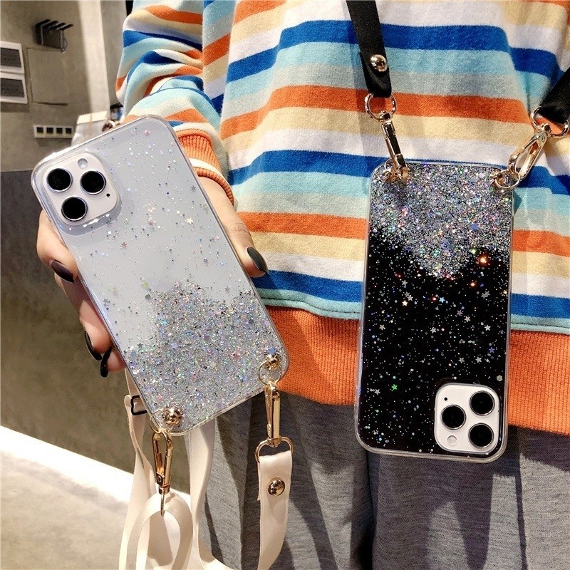 เคสโทรศัพท์มือถือ แบบใส ลายกากเพชรดาว พร้อมสายคล้อง สําหรับ iPhone14Promax 15Promax 14Pro 15plus 13 12 11 Pro Max 13 12 11 X Xr Xs Max 7 8 Plus