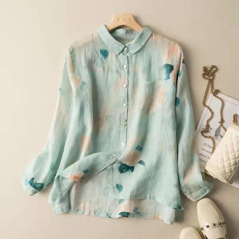 เสื้อเชิ้ตลายดอก เสื้อเชิ๊ตแฟชั่นผู้หญิง สีเขียวพาสเทลลายดอกคอปก แขนยาว B70