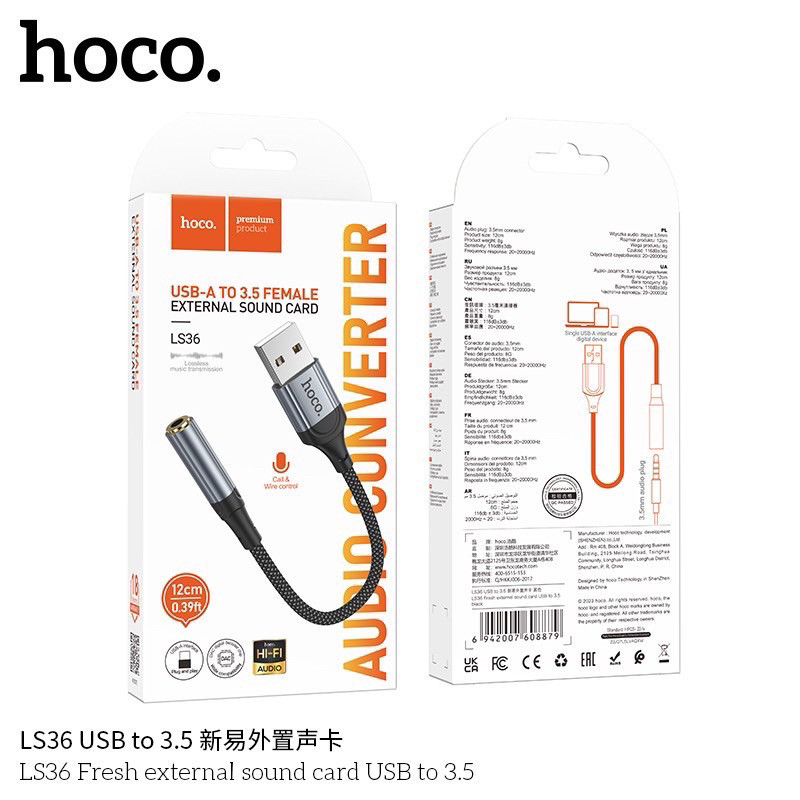 Hoco LS36 ตัวแปลงช่องหูฟัง Type-C to 3.5 / USB to 3.5 mm รองรับ i15 / Pad สำหรับ ฟังเพลง + คุยโทรศัพท์ แปลงช่องชาร์จ hc5