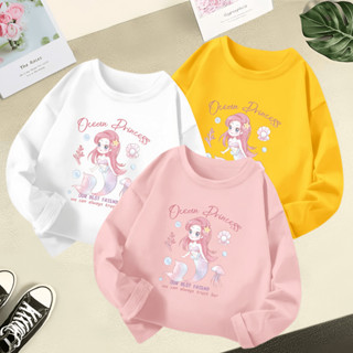 เสื้อยืดคอกลม แขนยาว พิมพ์ลายการ์ตูนนางเงือก สีแคนดี้ เข้ากั…