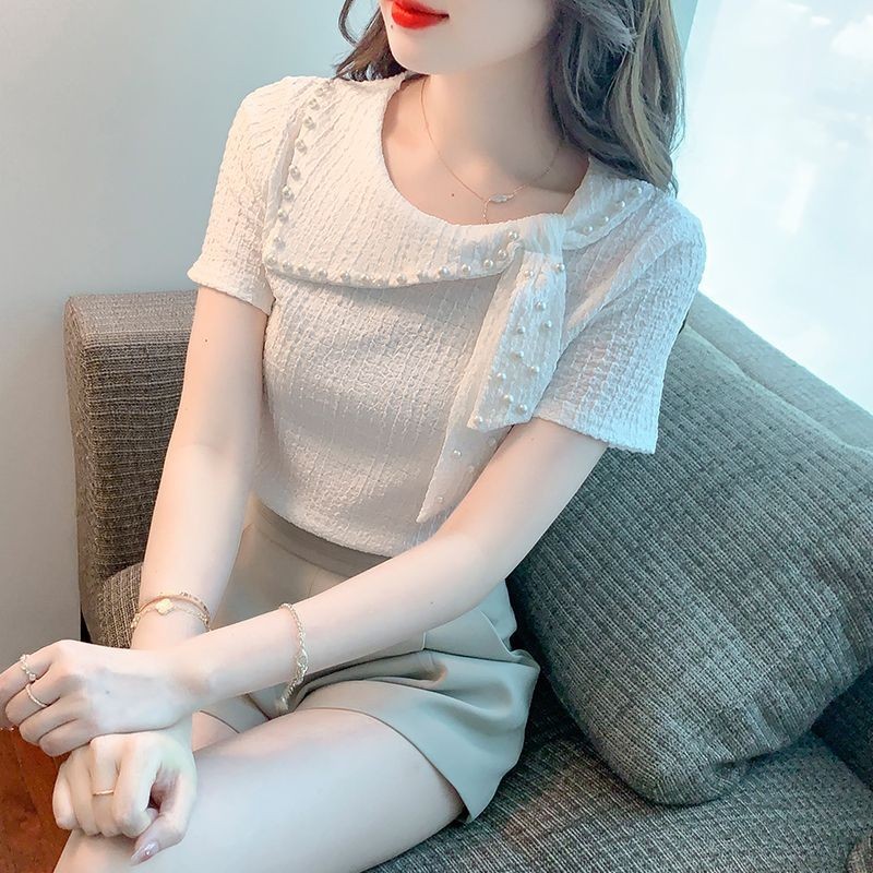 ส่งไวจากไทย⭐Summer⭐S-3XL เสื้อชีฟอง ฤดูร้อนแขนสั้น ลูกปัดแฟชั่นเล็บ เสื้อเวอร์ชั่นเกาหลี