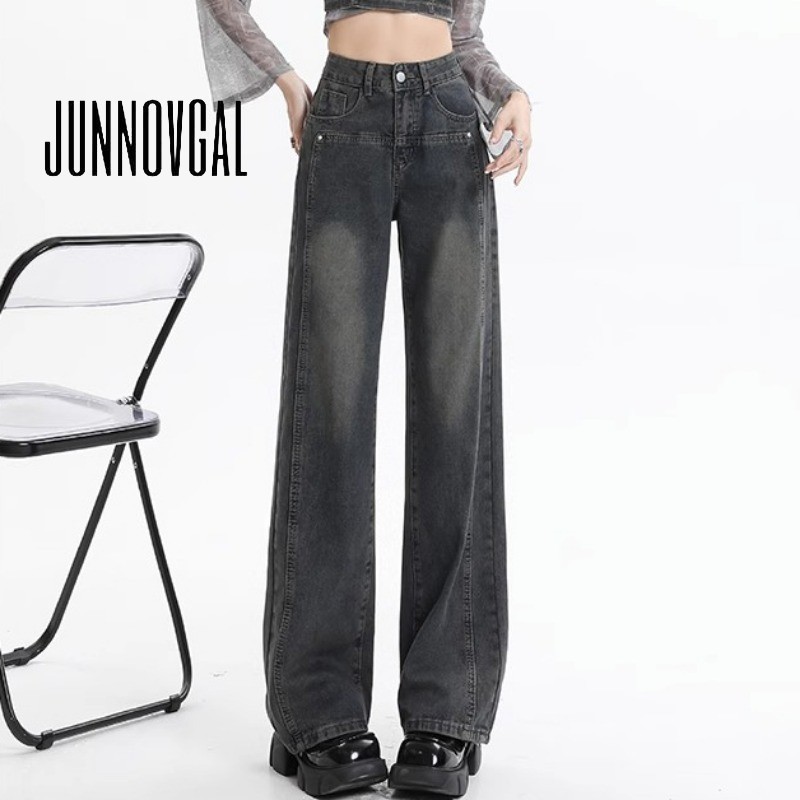 Junnovgal กางเกงยีนขายาวลําลอง ทรงหลวม สีตัดกัน เข้ากับทุกการแต่งกาย สไตล์เรโทร สําหรับผู้หญิง 2024