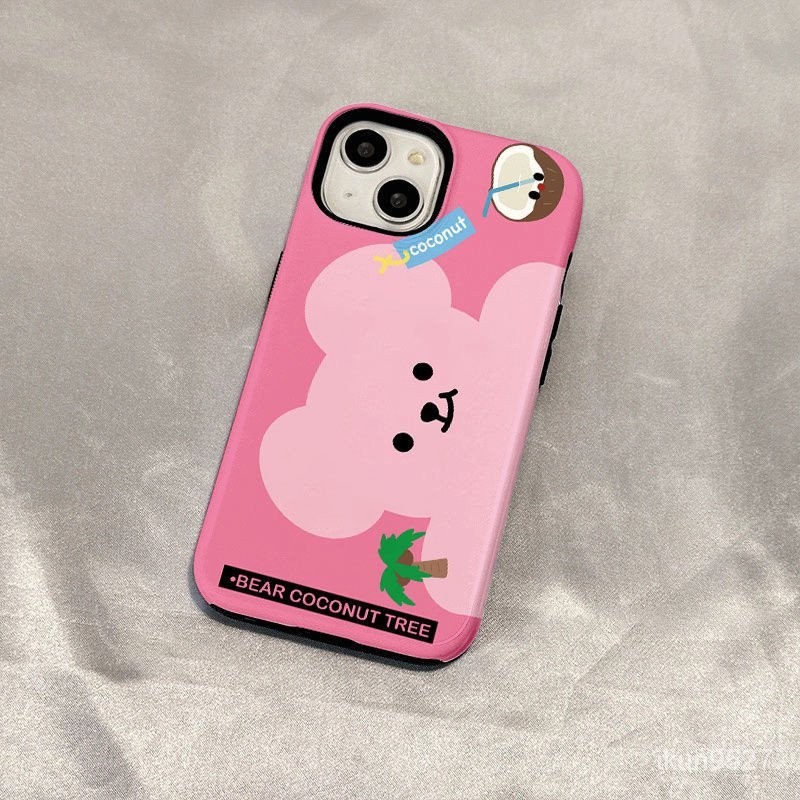 เคสโทรศัพท์มือถือ ลายหมีมะพร้าวน่ารัก สองชั้น สีชมพูวาว สําหรับ Iphone 15Promax 14 13Pro 12 11Promax XR 7PLUS