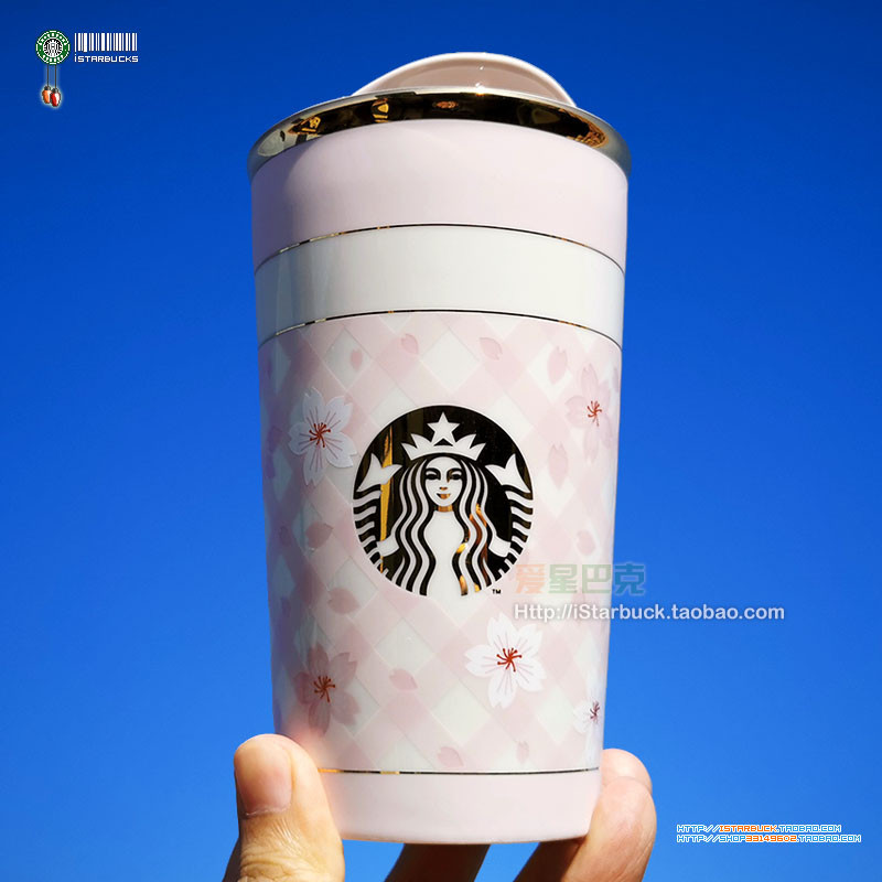 Ins Starbucks Cup Starbucks 2020 แก้วมักสองชั้น ลายดอกซากุระ สีชมพู พร้อมฝาปิด 355 มล.