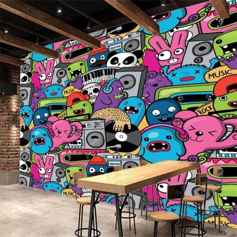 วอลล์เปเปอร์ติดผนัง ลายกราฟฟิตี้ 3D สําหรับร้านอาหาร บาร์ ขนมขบเคี้ยว