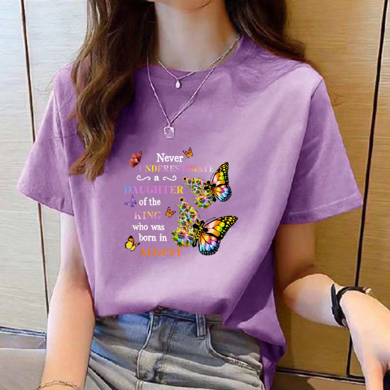 เสื้อยืดแขนสั้น คอกลม ทรงหลวม พิมพ์ลาย สีม่วง แฟชั่นสําหรับผู้หญิง
