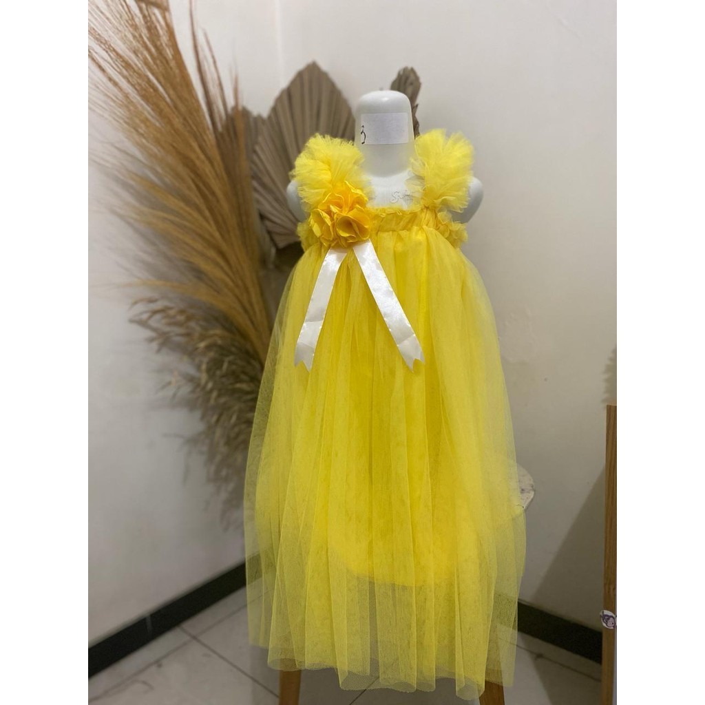 สีเหลือง CHILDRENS DRESS EVENT TUTU DRESS ใหม่ TODDLER GIRLS PARTY DRESS Casual Sweet Flowers