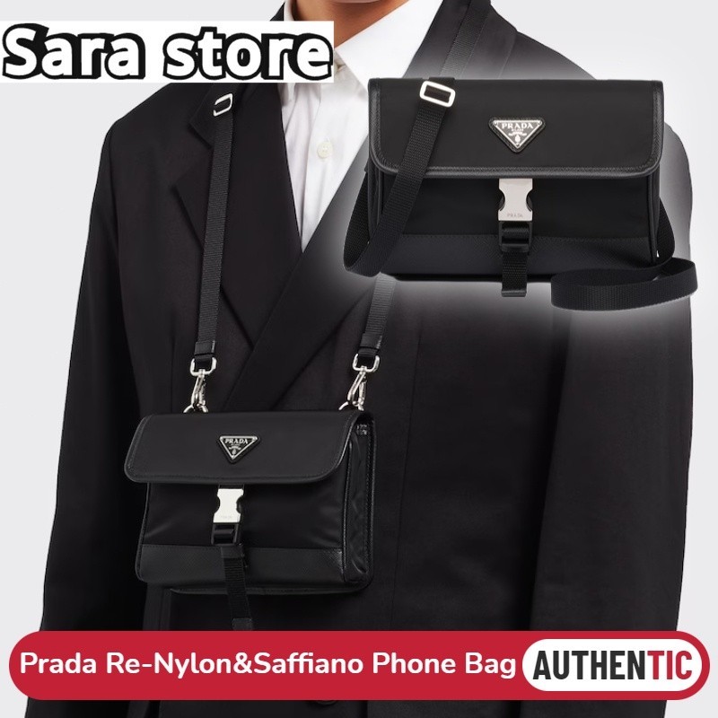 ♞,♘ปราด้า Prada Re-Nylon &amp; Saffiano Leather Phone Bag กระเป๋าสะพายข้างผู้ชาย 2ZH108