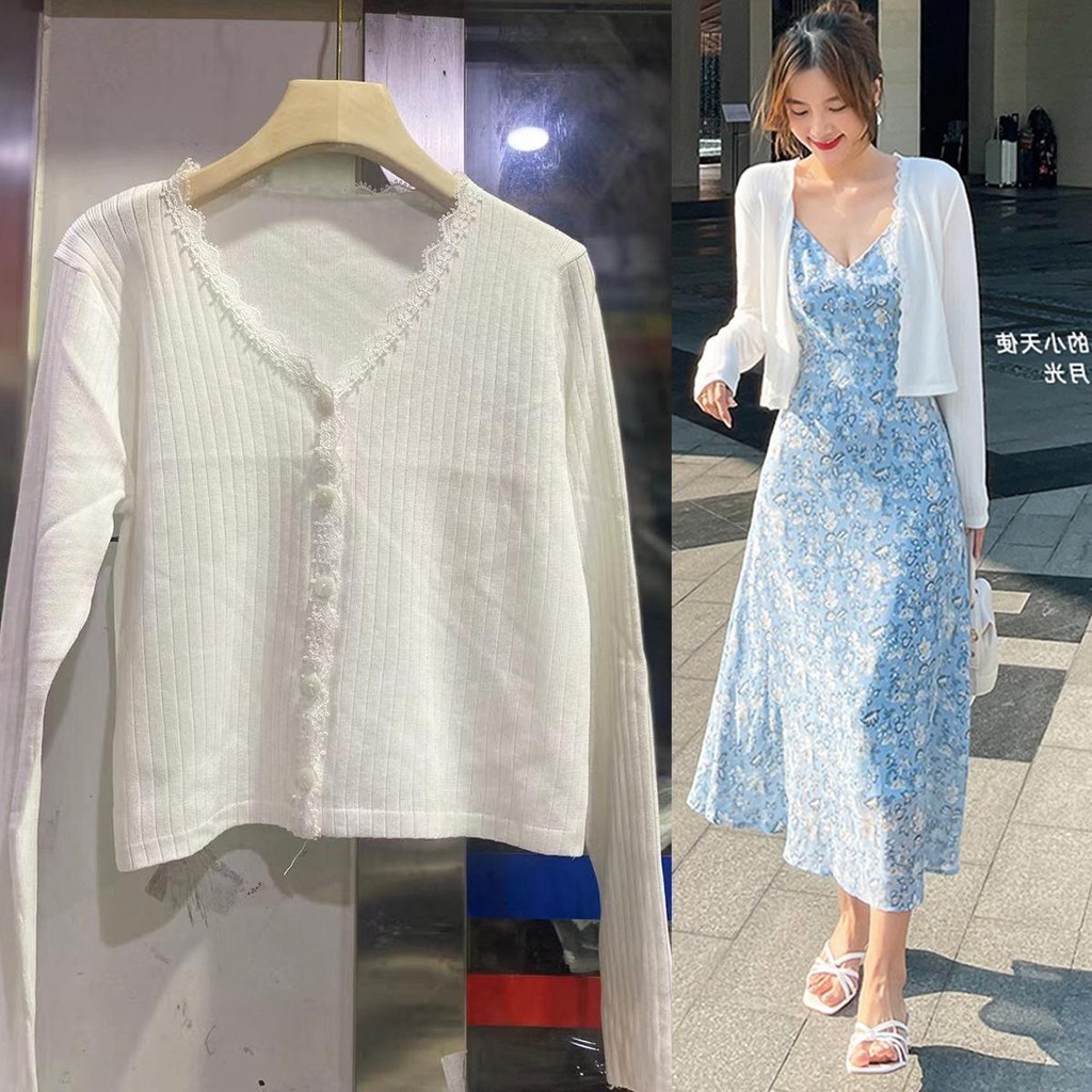 KOKO 0386 เสื้อครอปไหมพรมผู้หญิง เสื้อกันแดดสีขาว ปรับอากาศ สไตล์สั้น ผอม แฟชั่นสไตล์เกาหลี ปุ่มด้านหน้า