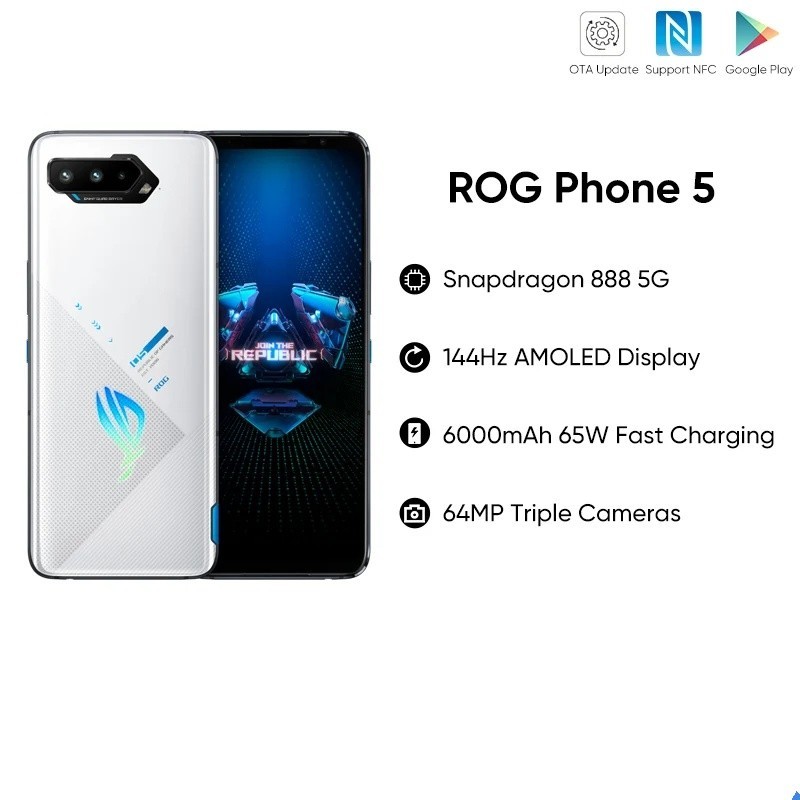 Asus ROG 5 โทรศัพท์มือถือเล่นเกม 6.78 นิ้ว 144Hz หน้าจอ AMOLED Snapdragon 888 (มือสอง ใหม่ 99%)