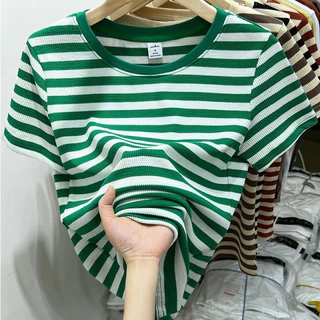 เสื้อยืดแขนสั้นลําลอง ทรงหลวม ลายทางวาฟเฟิล สีตัดกัน แฟชั่นฤดูร้อน สําหรับผู้หญิง