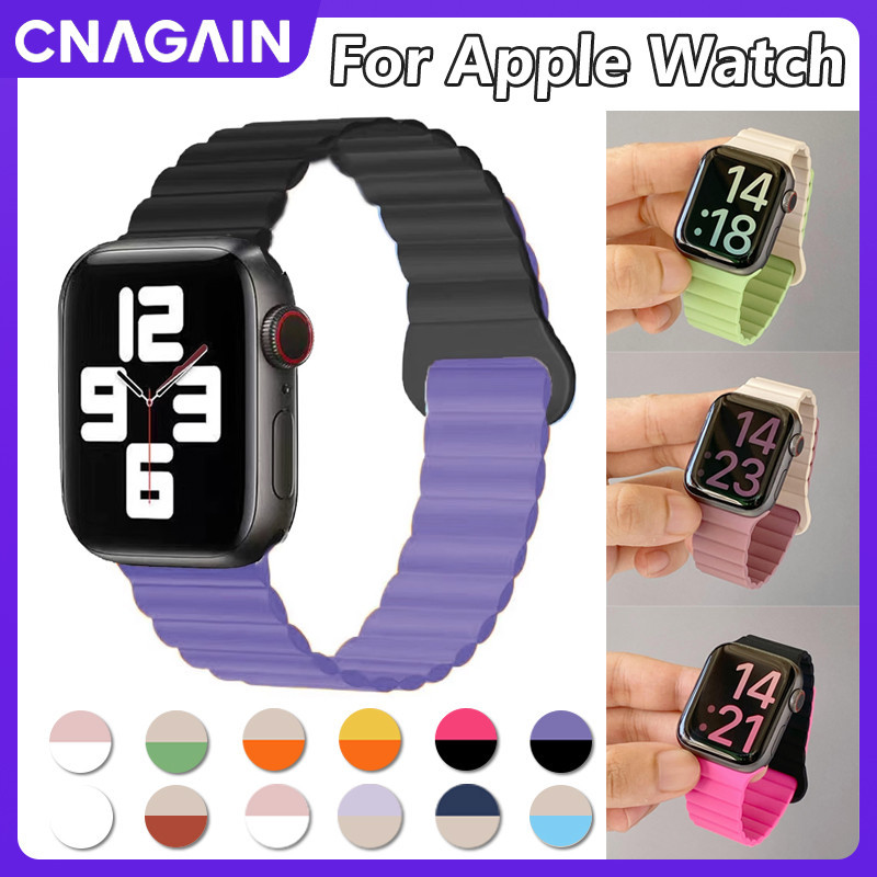 Cnagain สายนาฬิกาข้อมือ ซิลิโคนนิ่ม แม่เหล็ก กันน้ํา สองสี สําหรับ Apple Smart Watch Ultra SE 2 Series 9 8 7 6 5 4 3 2 1 iWatch 49 มม. 45 มม. 41 มม. 44 มม. 40 มม. 42 มม. 38 มม.
