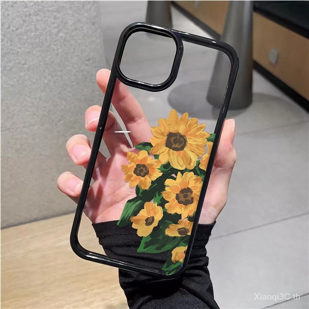 เคสโทรศัพท์มือถือแบบนิ่ม ใส กันกระแทก ลายดอกทานตะวัน สีดํา ขาว สําหรับ IPhone X Xs XR xsmax 11 12 13 14 15 Pro Max Plus PQHI