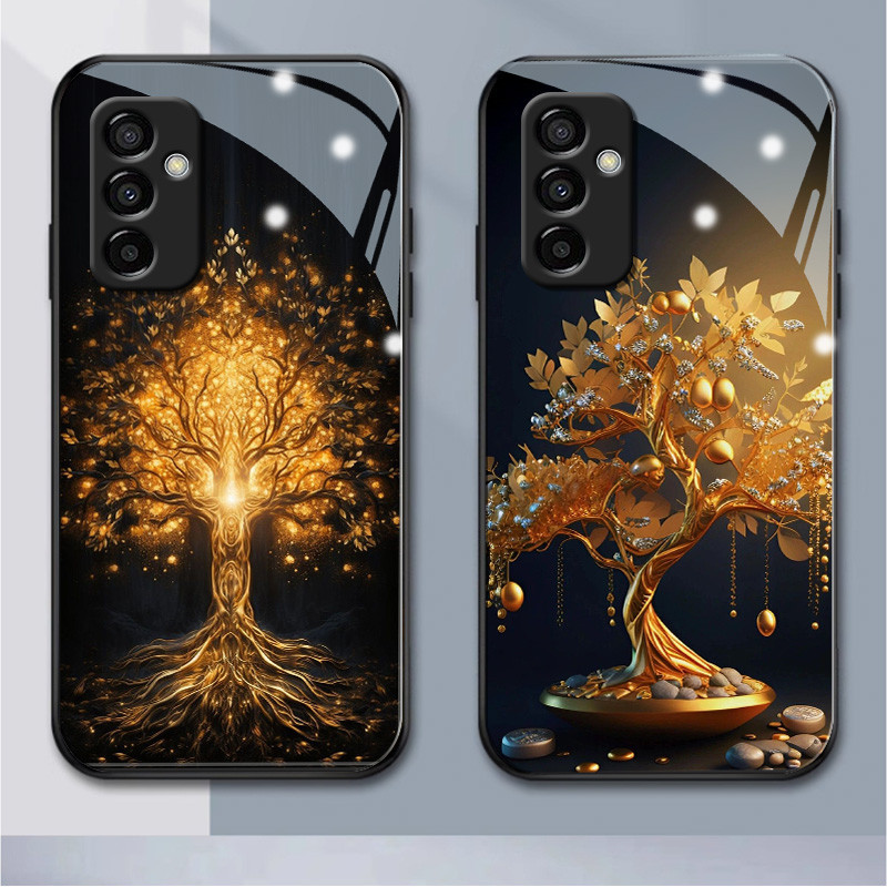 เคสโทรศัพท์มือถือแบบแก้ว ลายโชคดี สีทอง สําหรับ Samsung A345G A01 A02 M02 A03 A04 A11 M11 A135G A04S