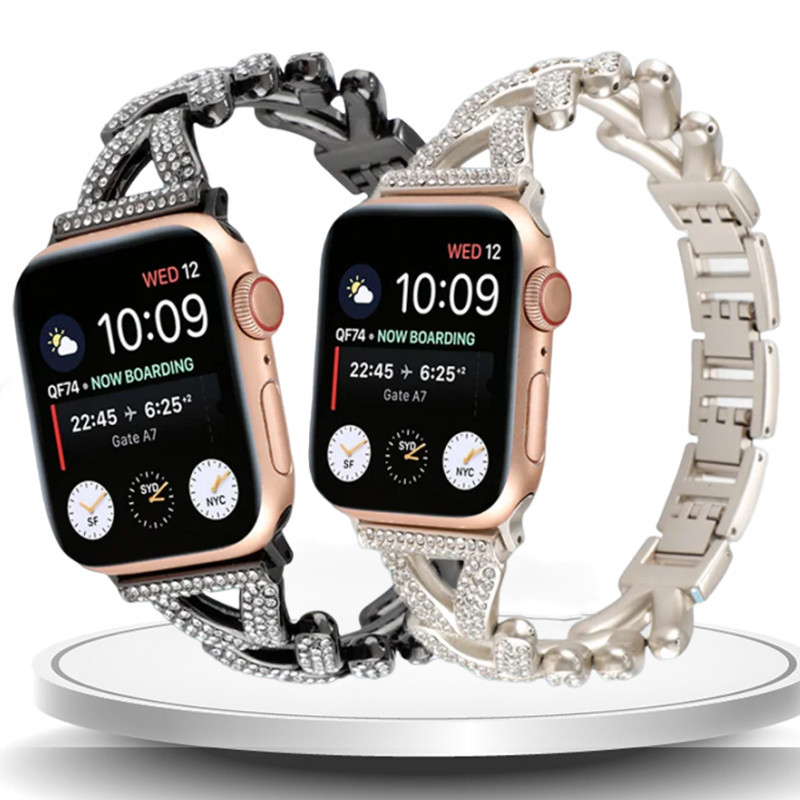 สายนาฬิกาข้อมือเหล็ก ประดับเพชร ลายดาว สําหรับ Apple Watch ultra 2 49 มม. 45 มม. 44 มม. 40 มม. 42 มม. 41 มม. 38 มม. iwatch series 9 8 7 6 3 4 5 Se