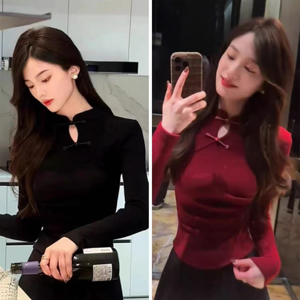 เสื้อแขนยาวสีแดงสไตล์จีน คอปักลายจีน พร้อมดีไซน์หรู