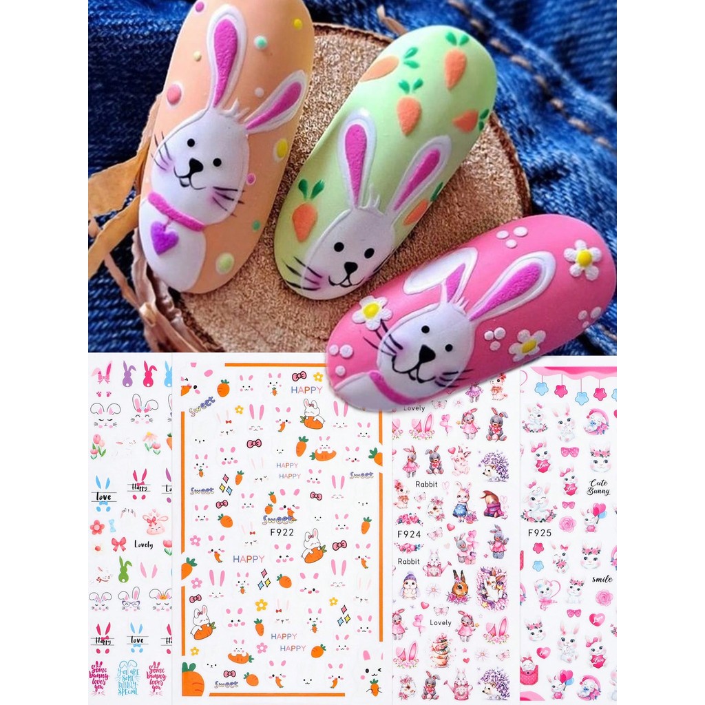 สีชมพูกระต่ายแครอทรักบอลลูนการ์ตูนน่ารักสติกเกอร์เล็บ,งานแต่งงาน/easter เล็บน่ารักโบว์กระต่ายสัตว์ดอกไม้ Leaf Nail Decals Self-Adhesive Sliders อุปกรณ์เล็บ DIY