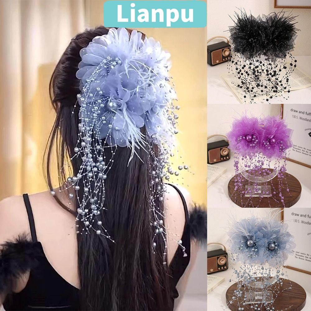Lianpu Hair Claw, พู่ขนนกดอกไม้ไข่มุกโลภคลิป,แฟชั่นสี่ดอกไม้ผ้าโบว์ Hairgrips สําหรับสาว