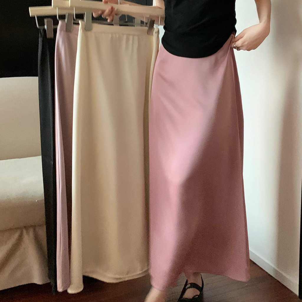 ฤดูใบไม้ผลิฤดูร้อน Silky ซาตินผ้าม่านกระโปรงยาวปานกลางเอวสูง Slimmer ดูกระโปรงยาวผู้หญิง