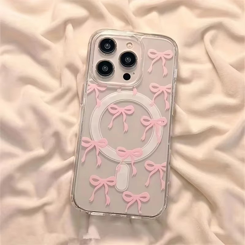 น่ารักสีฟ้าสีชมพูโบว์เคสโทรศัพท์สําหรับiphone 16 15 14 13 12 11 Pro Max 16E XR X XS Max 7 8 14 15 Plus SE2 แม่เหล็กPCชาร์จไร้สายอะคริลิคกันกระแทกฝาครอบใส