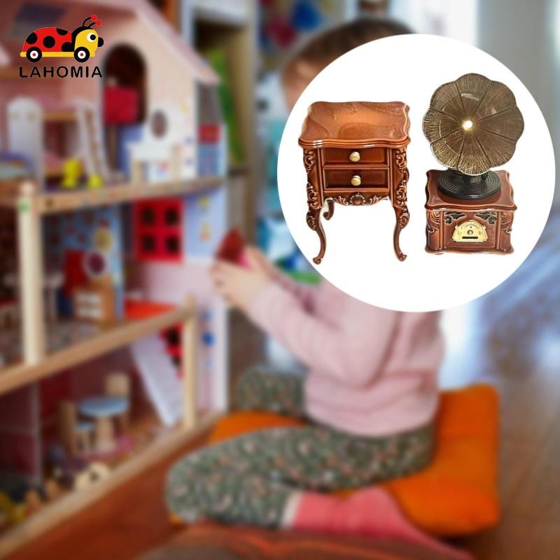 Lahomia แผ่นเสียงขนาดเล็กพร้อมตู้ 1:12 ตุ๊กตาอุปกรณ์เสริม Vintage สําหรับ Diorama