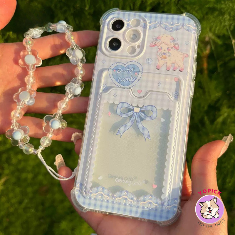 น่ารักแกะสําหรับ IPhone 15 16 Pro Max เคสโทรศัพท์ 11 12 13Mini 13Pro Max 14Plus XR XS Max 6 7 8 Plus SE2020 การ์ดฝาครอบโทรศัพท์โซ่แขวนเชือก KB