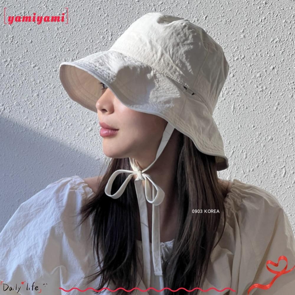 Yamiyami หมวกชาวประมง , หมวกกันแดดแบบผูกเชือกบาง , Ins สีทึบ Windbreak เชือกบังแดดหมวกอ ่ างล ้ างหน ้ ากลางแจ ้ งฤดูร ้ อน