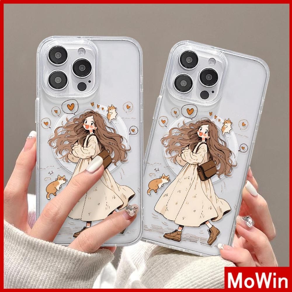 Mowin - สำหรับ iPhone 15 PRO MAX เคส iPhone 11 เสริมสร้างแม่เหล็กอะคริลิคใสกระดานแข็ง TPU กรอบนุ่มกันกระแทก ลูกแมวสาวผมยาว เข้ากันได้กับ iPhone 14 13 12 11 XS XR 7Plus 8Plus