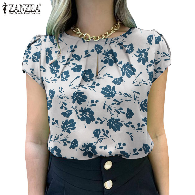 Zanzea เสื้อเบลาส์ คอกลม แขนสั้น พิมพ์ลาย จับจีบ สไตล์วินเทจ สําหรับผู้หญิง