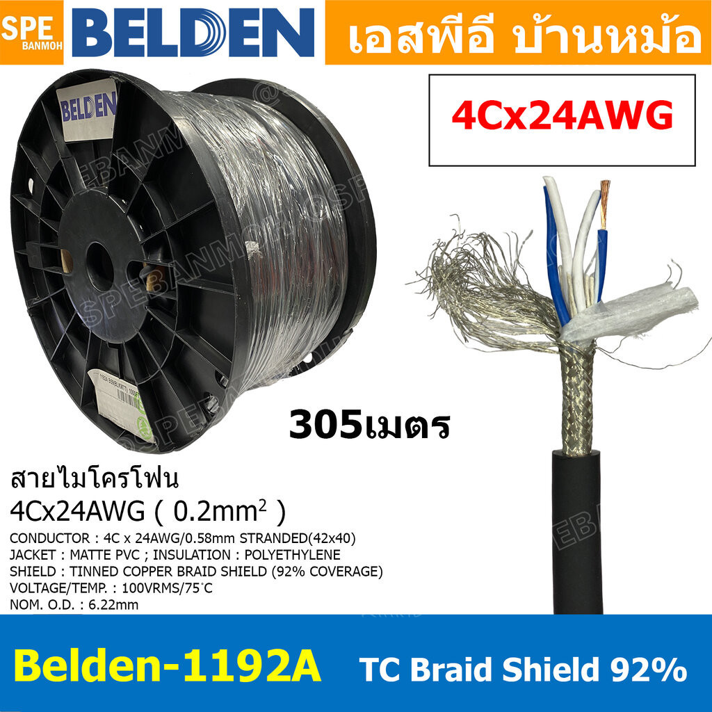 [ 305เมตร ] Belden 1192A สายสัญญาณ Belden 4Conductor 4Cx24AWG 0.2 sq.mm Microphone Cable 4C Braid Sh