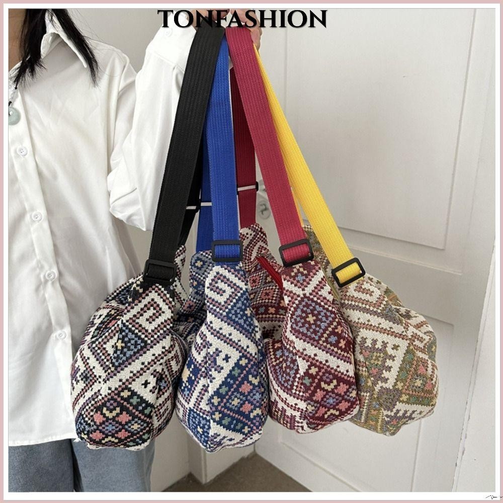 Tonfashion กระเป๋าสะพายไหล่ กระเป๋าเมสเซนเจอร์ ผ้าแคนวาส ความจุขนาดใหญ่ สไตล์ประจําชาติ สําหรับผู้หญิง นักเรียน
