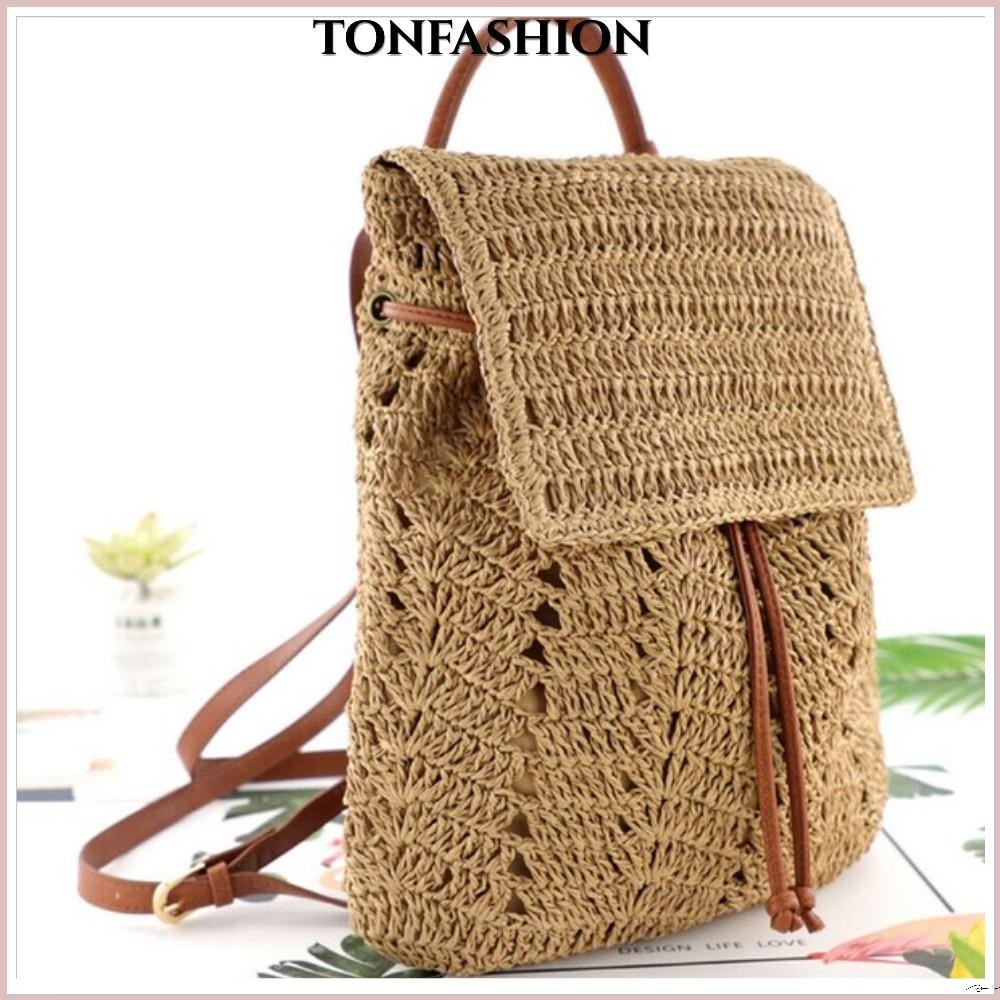 Tonfashion กระเป๋าเป้สะพายหลัง กระเป๋าสะพายไหล่ ฟางสาน ขนาดใหญ่ จุของได้เยอะ ทนต่อการสึกหรอ สไตล์ยุโรป และอเมริกา แฟชั่นเรโทร สําหรับวันหยุด ชายหาด