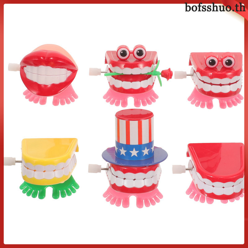 Bofsshuo 6 ชิ้น ของขวัญเด็ก ไขลาน ของเล่นไขลาน นาฬิกาเดินฟัน ตลก ไขลาน กระโดดฟันปลอม พลาสติก เด็ก