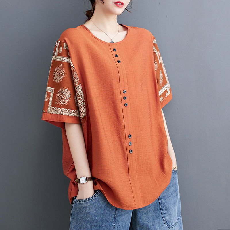 เสื้อยืด ผ้าฝ้าย และผ้าลินิน เข้ากับทุกการแต่งกาย แบบเรียบง่าย แฟชั่นฤดูร้อน สไตล์เรโทร สําหรับผู้หญิง