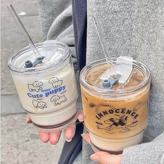 Ins แก้วกาแฟ ลายการ์ตูนลูกสุนัข ทนความร้อน พร้อมฝาปิด ของขวัญสําหรับแฟนสาว