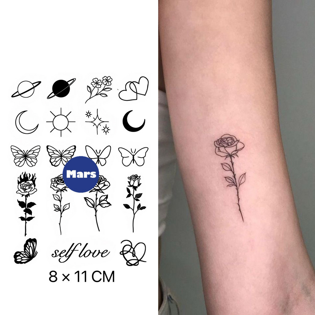 【Mars Tattoo】ใหม่ สติกเกอร์รอยสักชั่วคราว ลายผีเสื้อ ดวงจันทร์ ดาว ดวงอาทิตย์ อุ้งเท้า กุหลาบ ดอกไม้ ดวงอาทิตย์ 2 สัปดาห์ ติดทนนาน X156