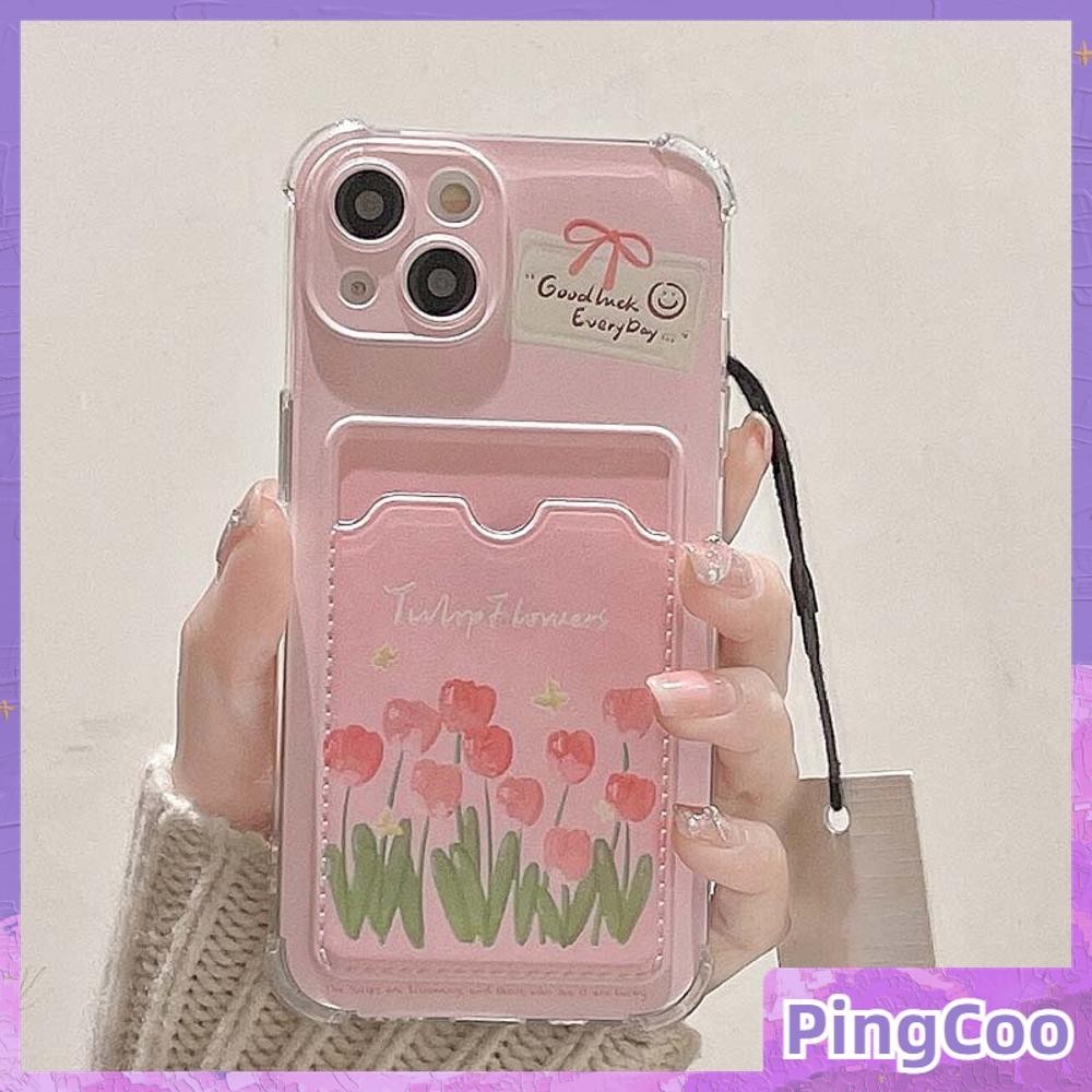 PingCoo - สำหรับ iPhone 15 Pro Max iPhone 11 เคสใส่การ์ดเคส ทีพียูซอฟท์เคลียร์ เคสใส่การ์ด ถุงลมนิรภัยกันกระแทก ดอกไม้รักษาสีชมพู เข้ากันได้กับ iPhone 14 13 12 11 Pro Max Plus XR XS