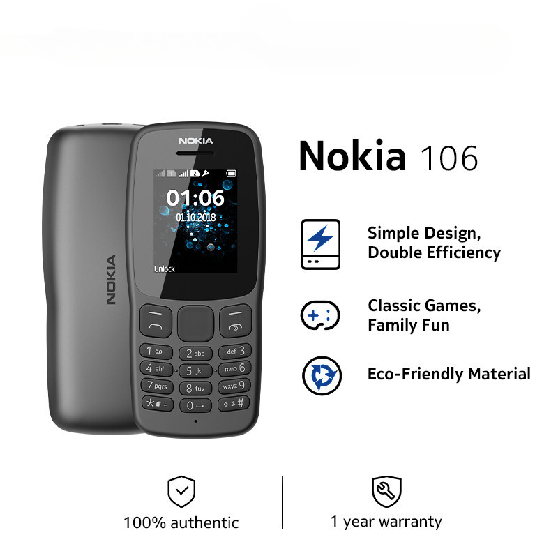 Nokia 106 แบรนด์ใหม่ ของแท้| สแตนด์บายนานพิเศษ 800 mAh | ซิมคู่ | ปุ่มกดโทรศัพท์พื้นฐาน|คุณลักษณะโทรศัพท์